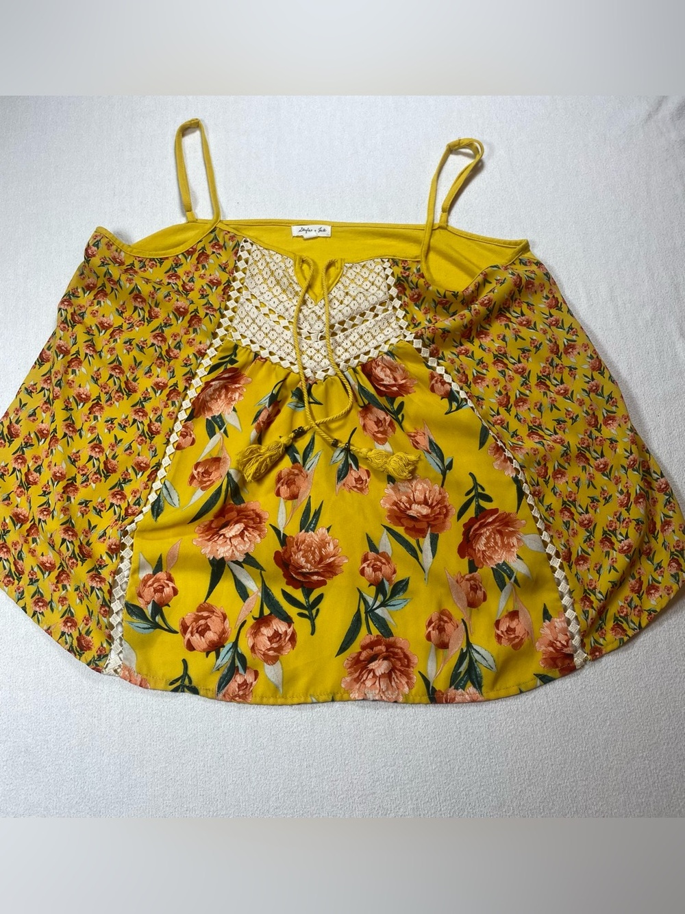 Skylar & Jade Yellow Floral Crochet-Trim Camisole